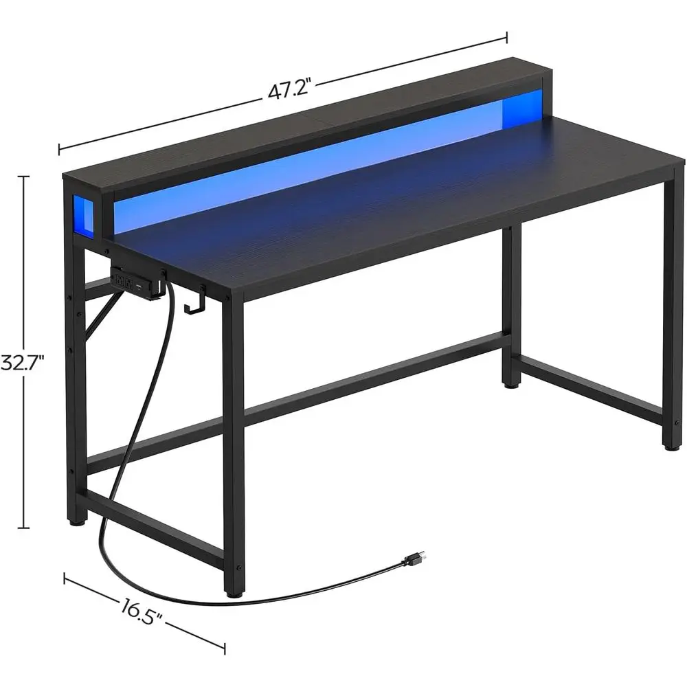 مكتب ألعاب بإضاءة LED مع قاعدة شحن وحامل شاشة، مكتب منزلي أسود بطبقتين مع 4 خطافات جانبية #3