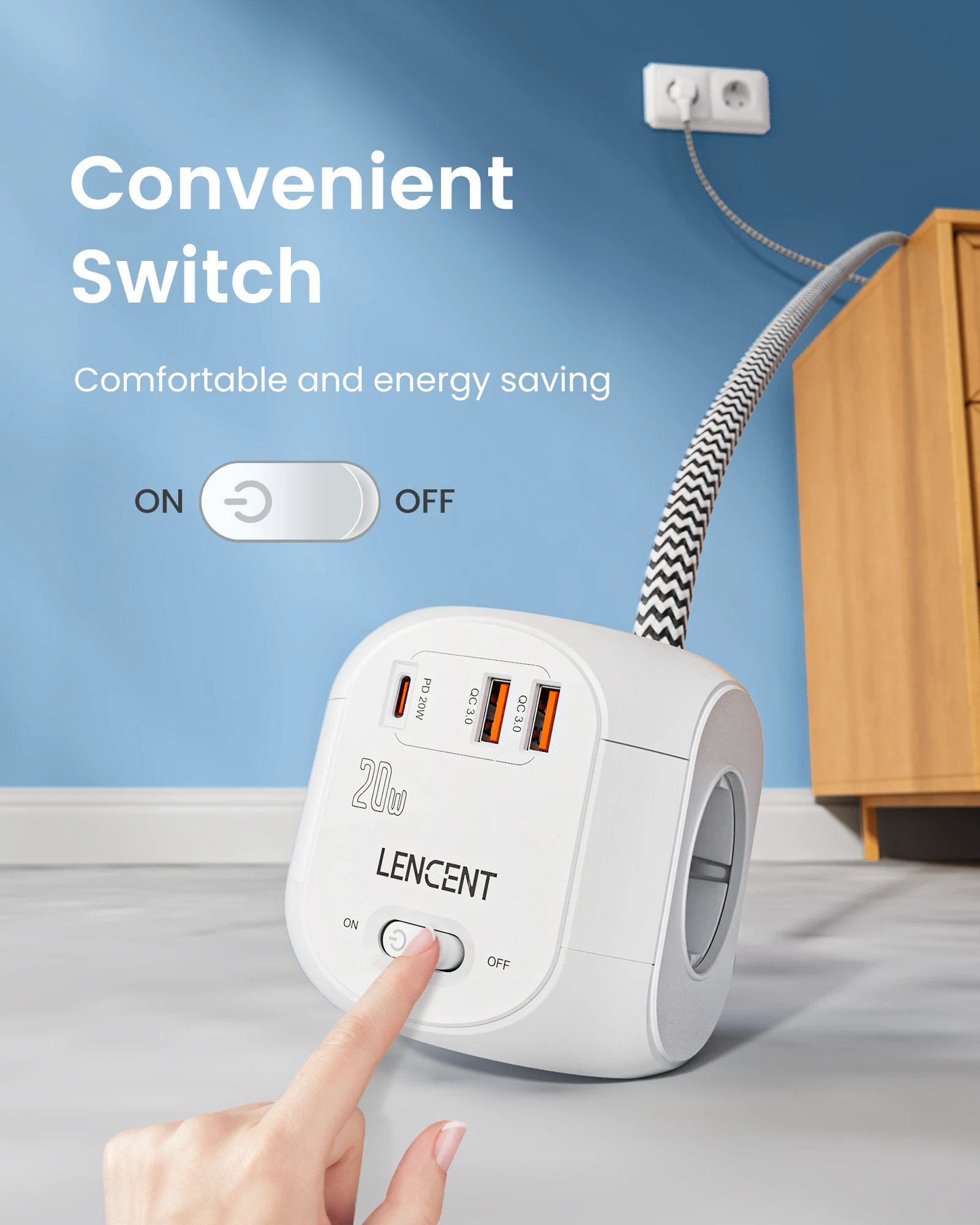LENCENT Power Strip Cube with 4 AC Outlets +2 QC3.0 USB +1 PD20W Type C 2M/3M Braided Cable Multi Socket with Switch for Home