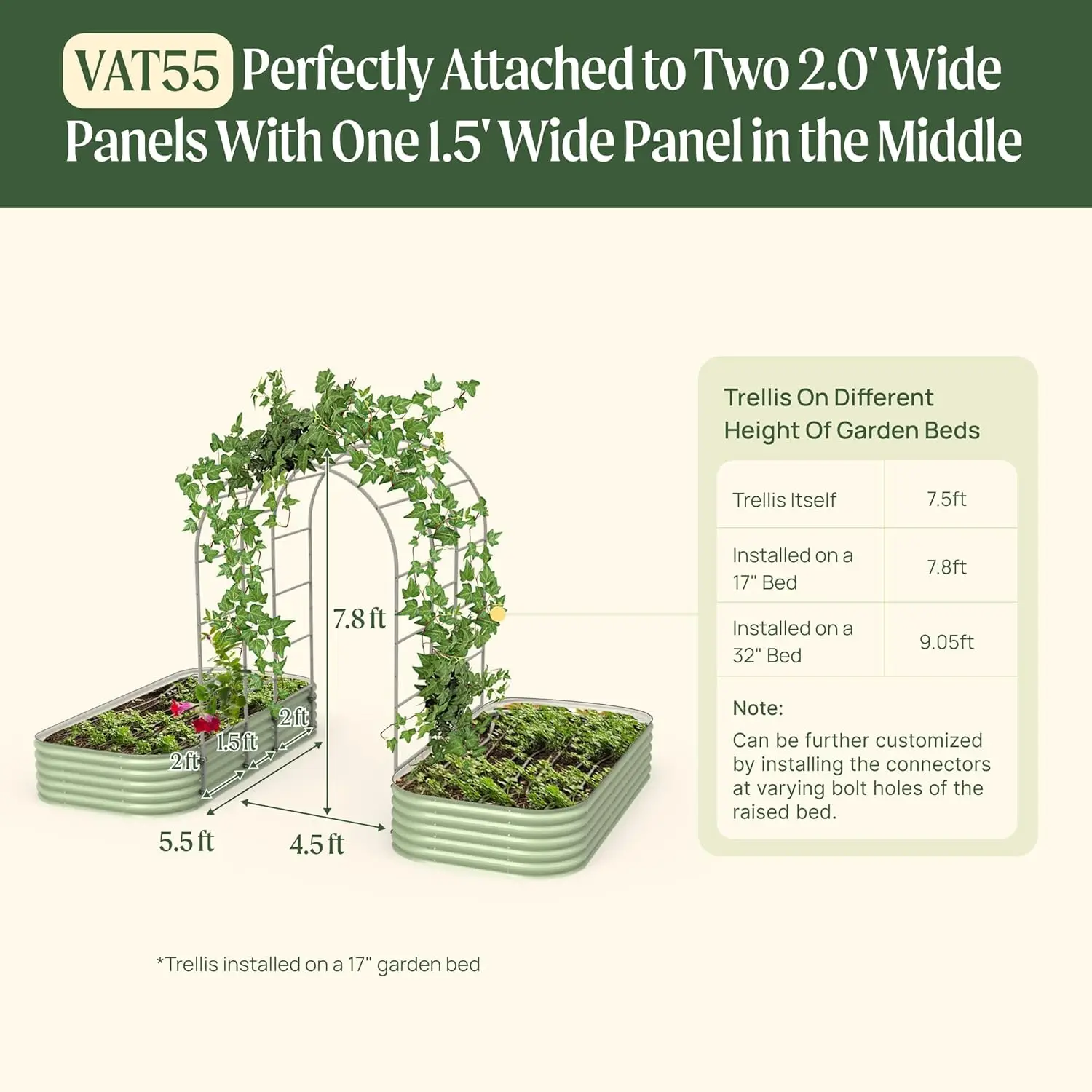 Modular Arched Trellis System Triple Section 5.5' Long Trellis for 4.0' x 8.0' (10 in 1) Garden Bed