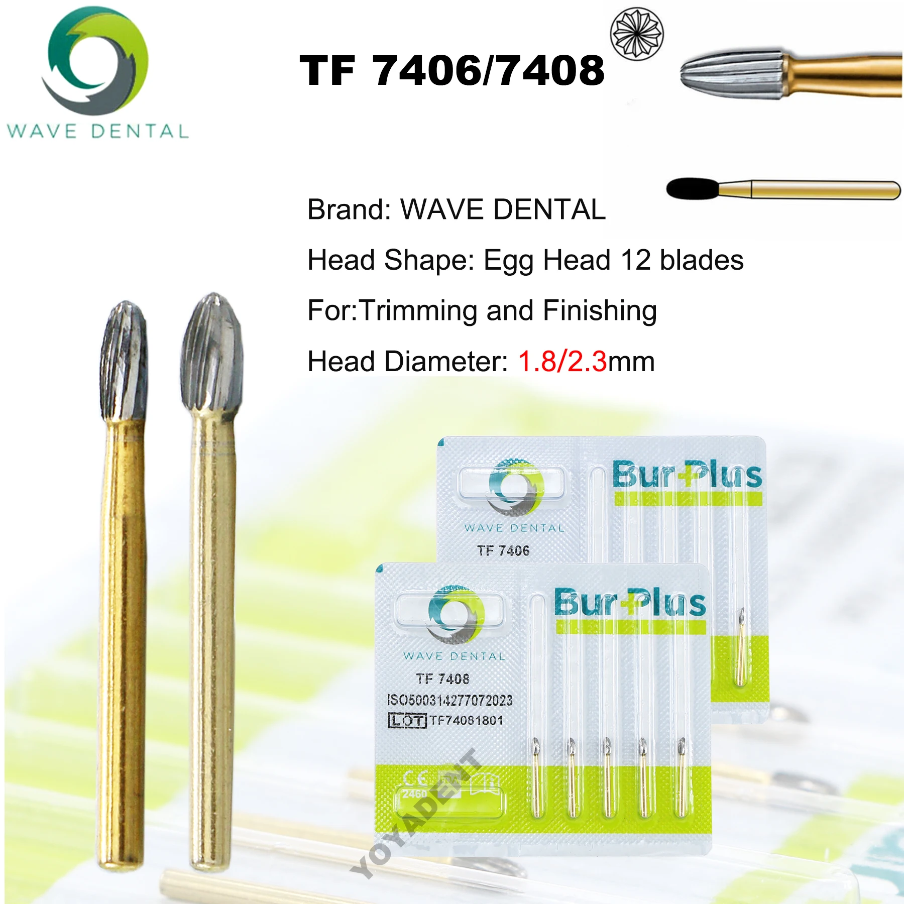 WAVE Dental Burs Tungsten Carbide Burs Gold Plated Trimming and Finishing Egg Head Drill 12 Bladed For High Speed Handpiece