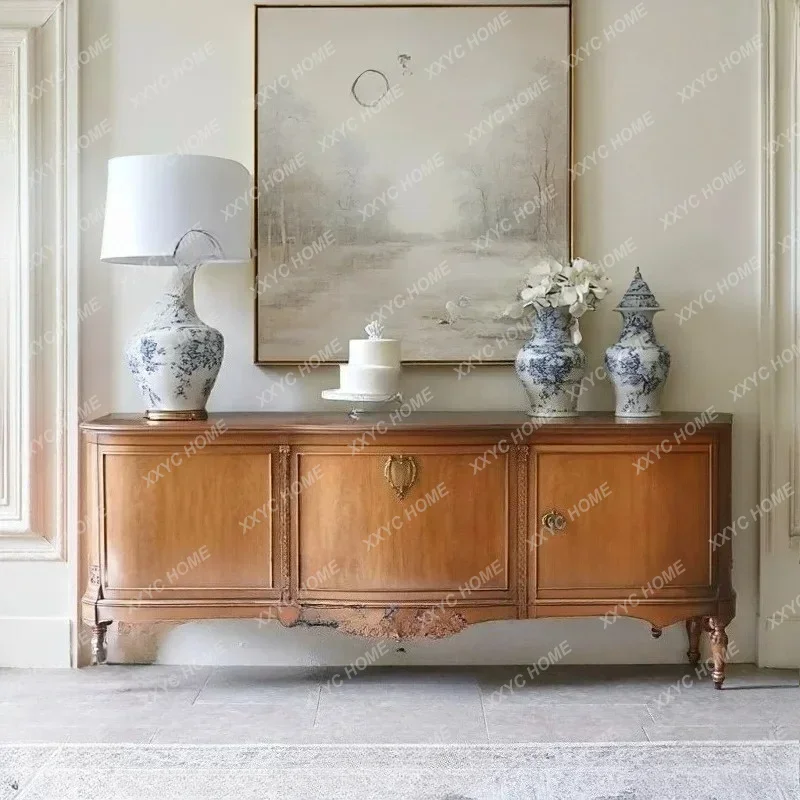Retro yellow solid wood TV cabinet high-end living room hotel model room homestay decoration cabinet can be customized