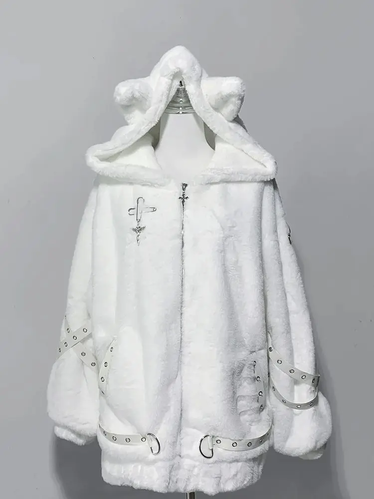 

Japanese Gothic Punk Coatwinter Y2K Harajuku Long-sleeved Warm Cat-ear Hooded Jacket Girls Subculture Loose Zipper Top Women