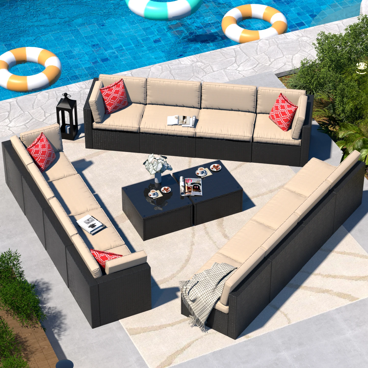 14-Piece Modular PE Wicker Patio Conversation Set, Outdoor Sectional Sofa with Thick Removable Cushions, 2 Glass Top Coffee Tables, All Weather Rattan Furniture Set for Backyard Poolside Garden Deck