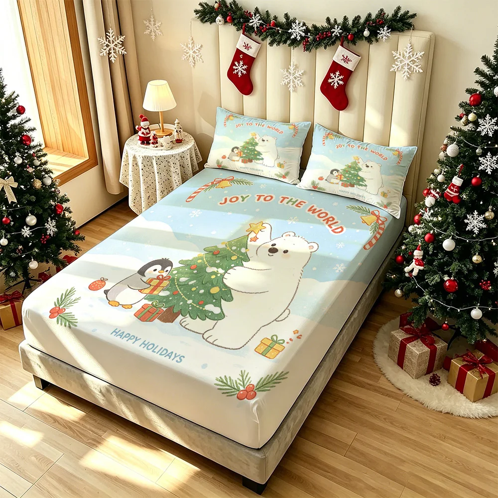 3PCS Christmas Polar Bear Penguin Xmas Party Printed Duvet Cover Bedding Set 1 Duvet Cover 2 Pillowcases Soft No Insert Beddi