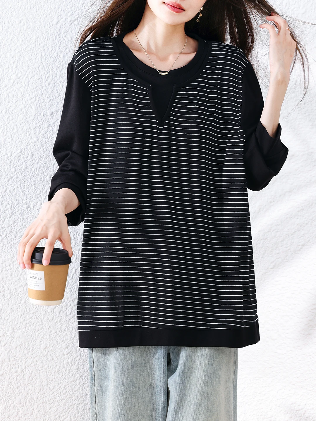 Autumn New Style Long Sleeve Striped Patchwork T-Shirt Meat Covering Commute Base Shirt Outlet Store Ladies Fashion Linen Mat...