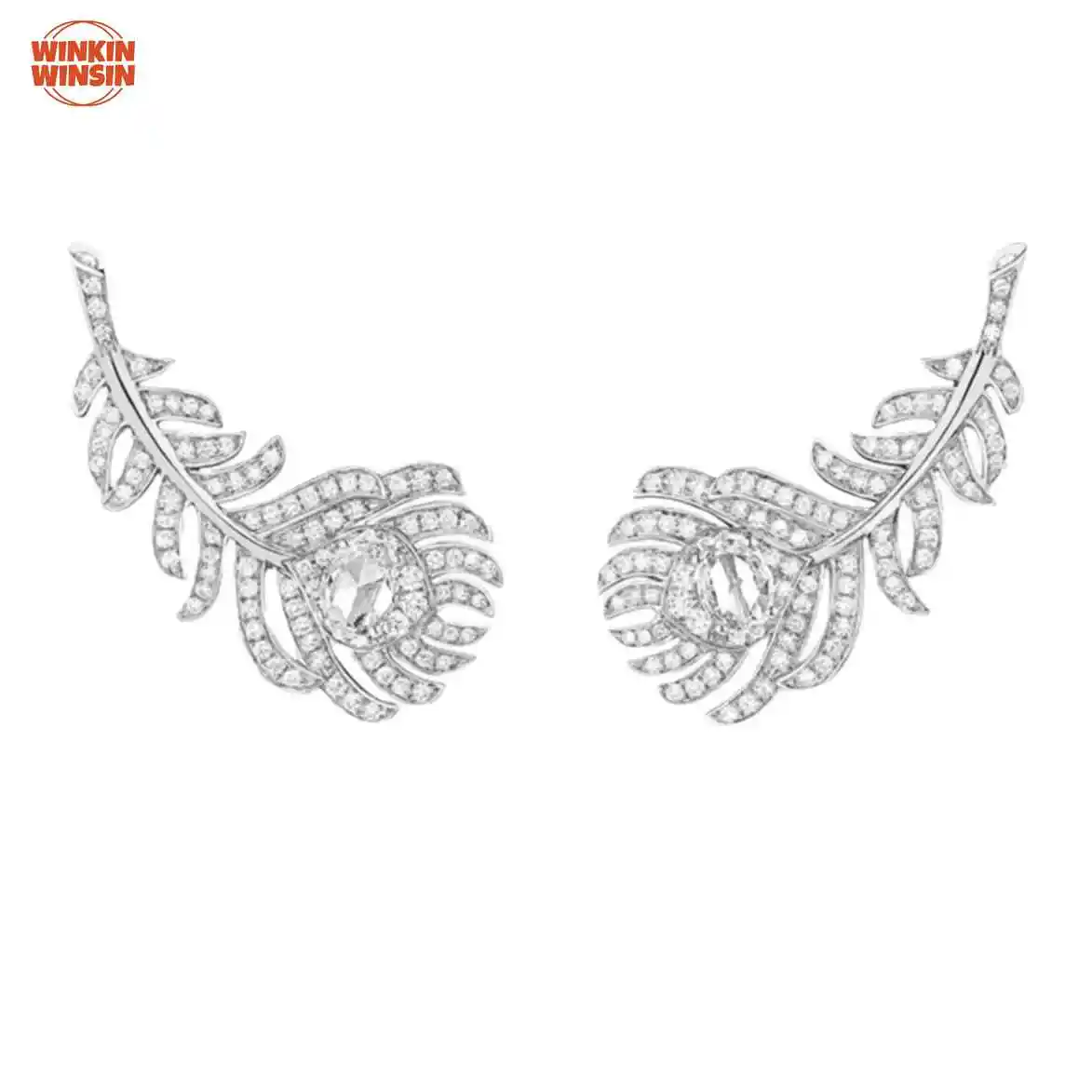 

Winkin Winsin Gold-Plated Silver Feather Earrings with Full Diamond Inlay Sterling Silver 925
