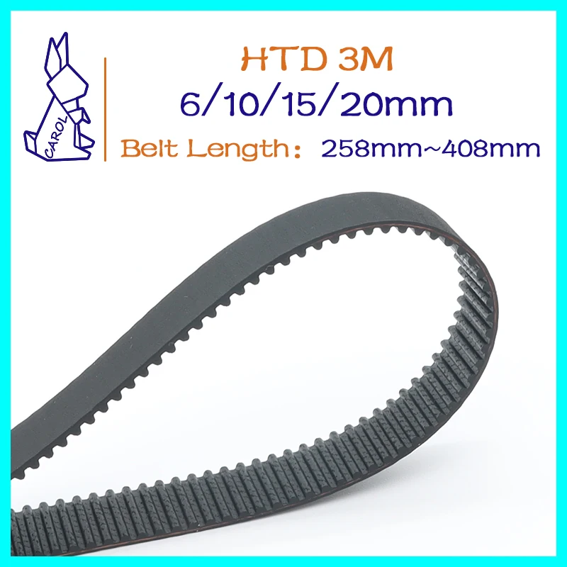 HTD cinturón de goma de bucle cerrado, ancho 6, 10, 15 y 20mm, longitud 258mm ~ 408mm, paso 3mm, 86 ~ 136 dientes, correa síncrona 3M