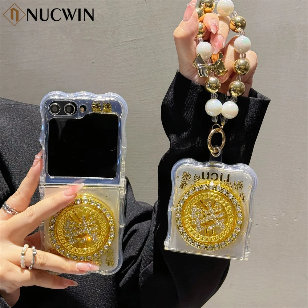 Wavy Border Turntable Money Bracelet Case For Samsung Galaxy Z Flip 5 4 3  ZFlip 4 Flip 3 Transparent Lanyard Shockproof Cover