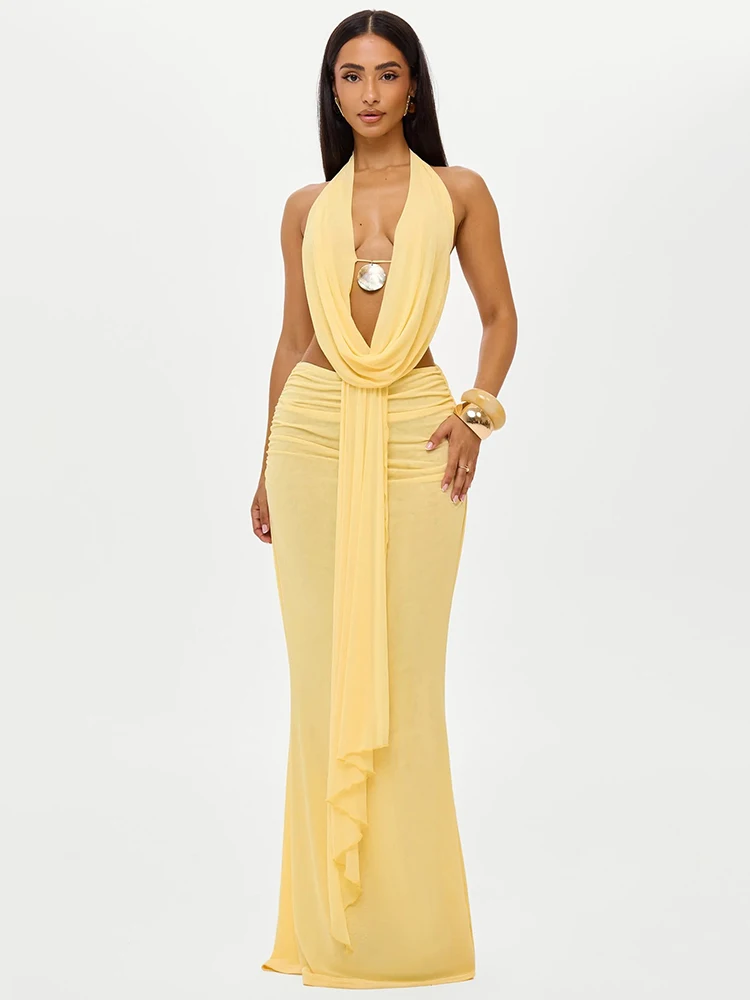 

Mozision Sexy Dress Set Women Halter Crop Top And Maxi Skirt Matching Sets Female Elegant Beach Club Party Skirt Two Piece Set