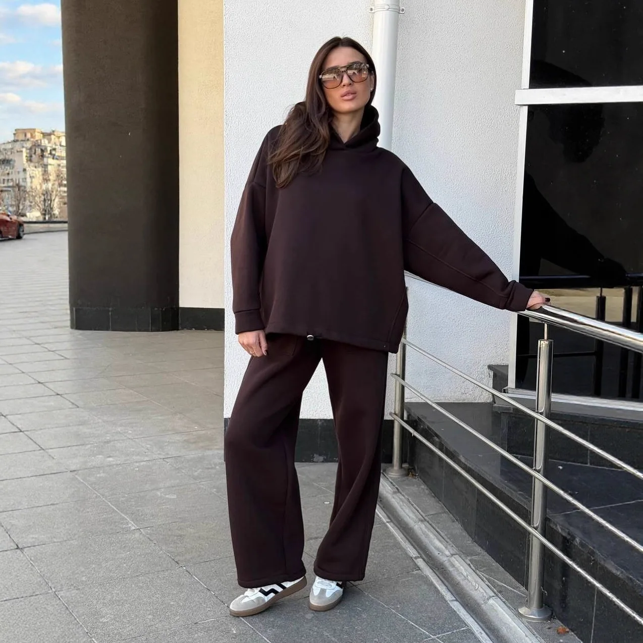 Set casual da donna ampio Felpa con cappuccio a maniche lunghe in puro colore Pantaloni elastici a gamba larga Set da due pezzi Comodo street style Polieste...