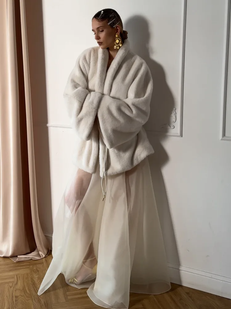 DFDG Abrigo de piel sintética blanco de invierno para mujer con cinturón de manga larga con frente abierto piel prendas de vestir exteriores cálidas 2025 piel de moda femenina