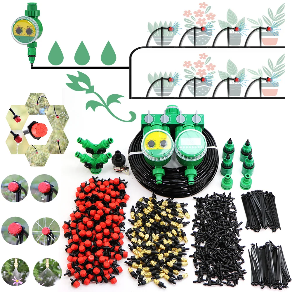 

10-50M Automatic Garden Timer Drip Irrigation System Watering 1/4'' Hose Micro Watering Kits Adjustable Drippers Greenhouse