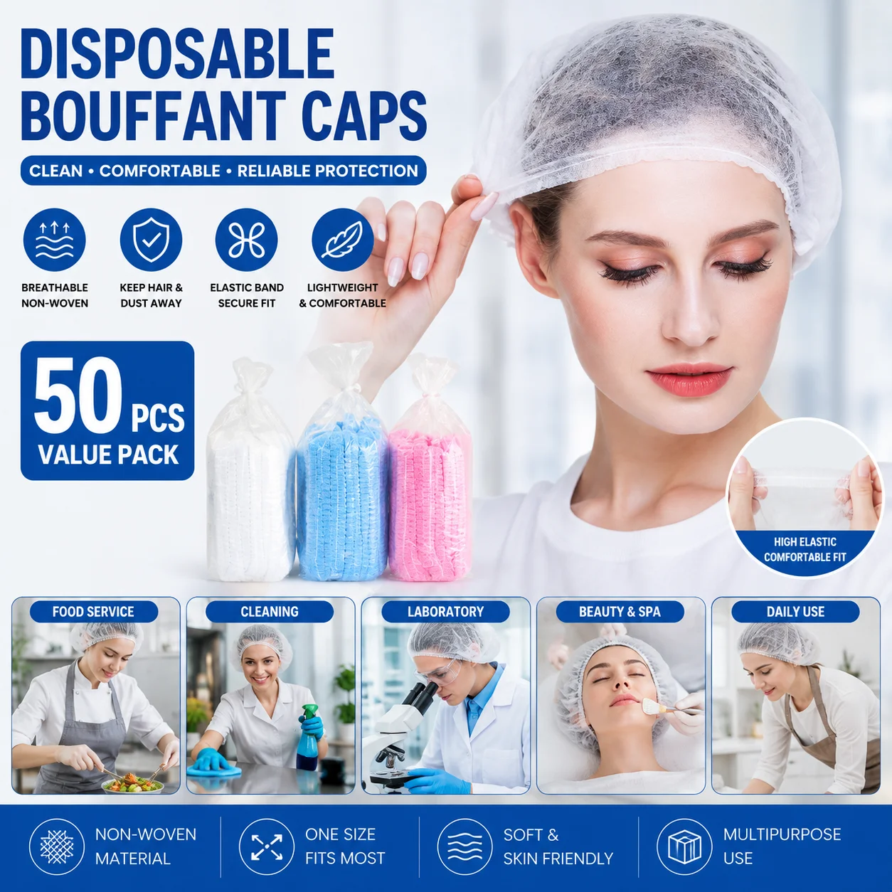 50PCS Disposable Hair Nets 21 Inch Non Woven Elastic Head Covers for Food Service Beauty Salon