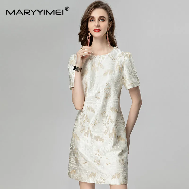 

MARYYIMEI Fashion Designer Summer Women's Jacquard Short Sleeve Elegant Print Streetwear White High quality Dresses