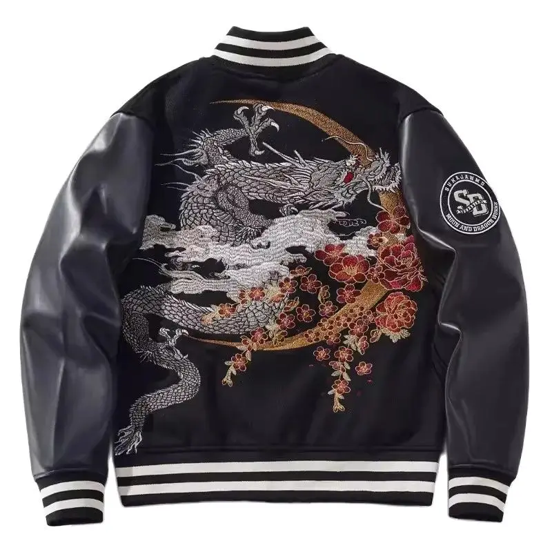 

High Quality Men Boys Streetwear Coats Loose PU Vintage Dragon Peony Moon Pilot Bomber Embroidered Sukajan Souvenir Jacket