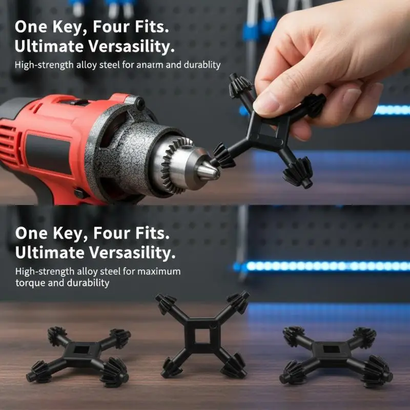 [J] Universal 4 Way Hand Drill Key Wrench With Flexible Rotation And Sturdy Build Perfect For Home DIY Workshop Repair