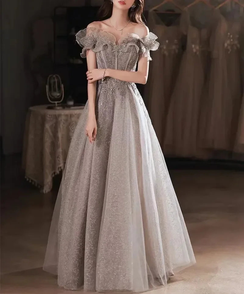 2024 Elegant Gray Flowers Evening Dress Off Shoulder Shiny Sequin Lace A-line Ruched Lace Up Woman Formal Party Prom Gowns