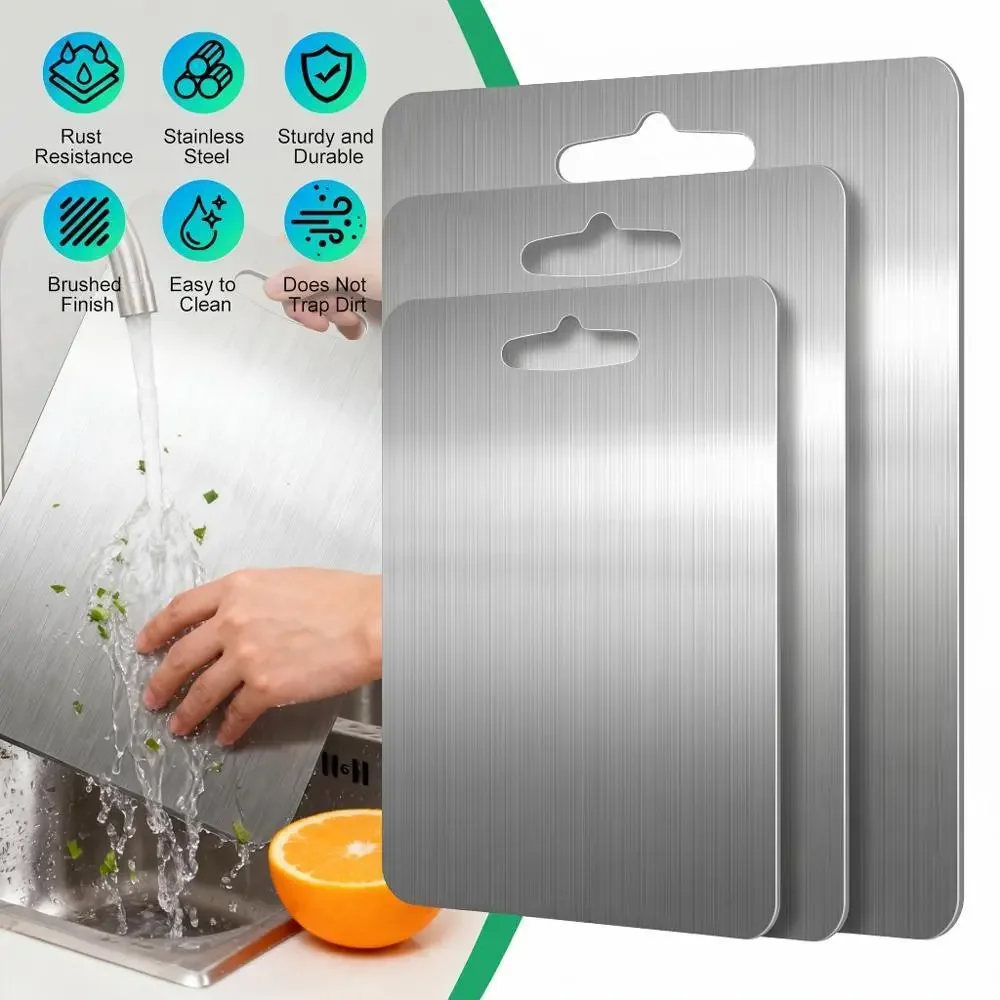 3 Piece Stainless Steel Cutting Board Set S M L Food Grade Non Toxic Chopping Boards For Meat Vegetables Ultrathin Rust Resistant Edge Smoothed Kitchen Prep