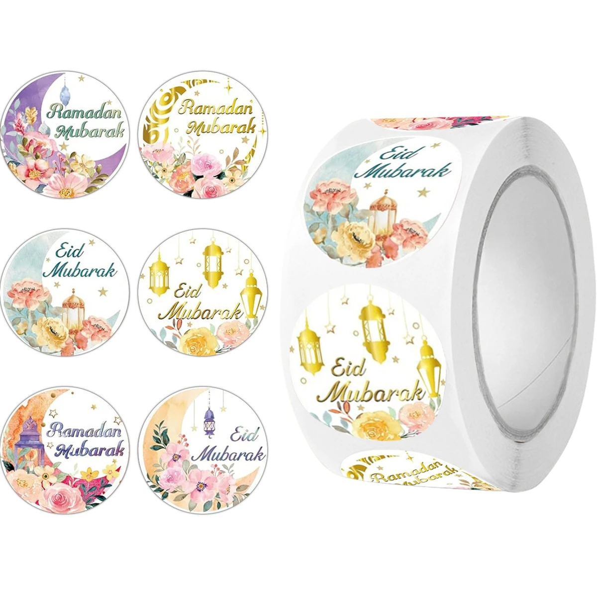 100-500Pcs 1' Eid Mubarak Ramadan Kareem Stickers Roll, 6 Patterns Round Happy EID Gift Tag Wrapping Paper Self-Adhesive Sticker