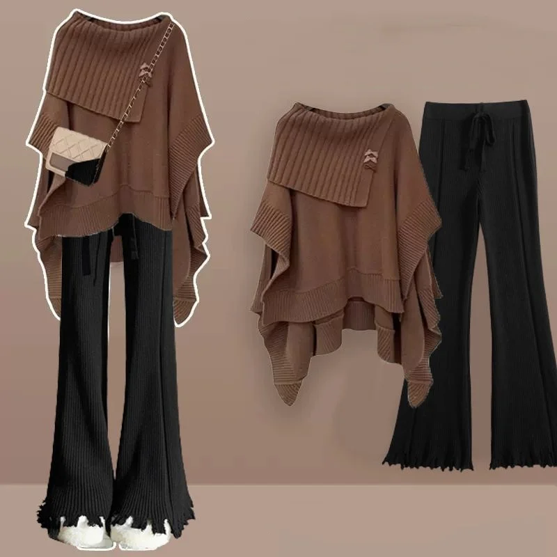 Women's Spring Autumn Retro Brown Shawl Sweater Pants 1 or Two Piece Set Lady Loose Knit Batwing Sleeve Tops Trousers Outfits