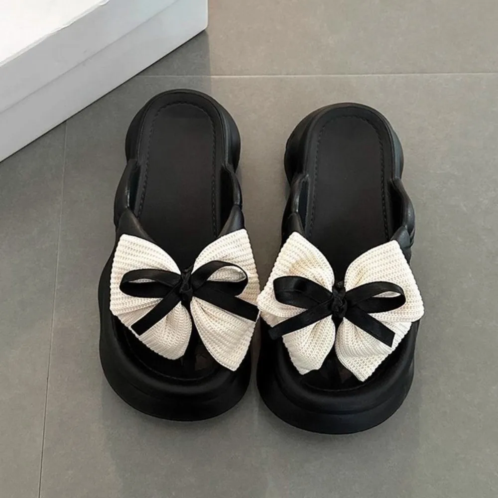 عدم الانزلاق Bowknot سحابة النعال أسود أبيض الارتفاع زيادة القوس الشرائح الصنادل تنوعا سميكة سوليد سميكة القاع النعال #2