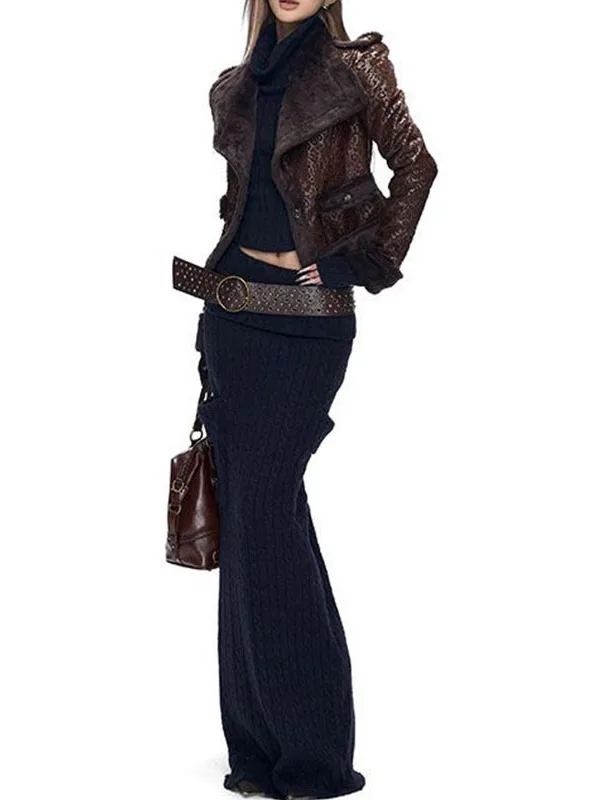 

Women's Autumn Winter Twist Knit Sweater oulder Bared Top And High Waist Skirt Two Piece Set Slimming Soft And Cozy