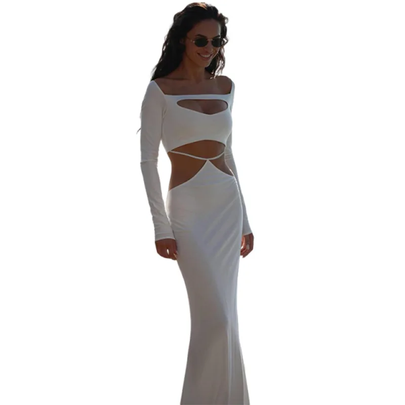 2025 가을 신상 여성용 솔리드 컬러 섹시 컷아웃 원라인 칼라 슬림 긴팔 힙허깅 드레스