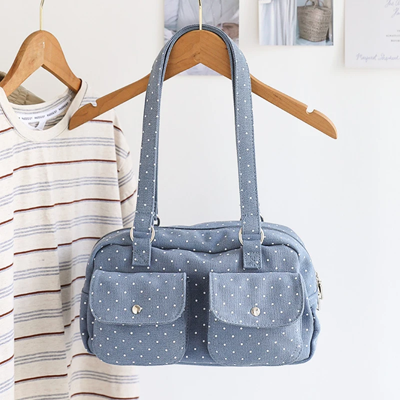 Mehrfach-Taschen-Schultertasche mit Polka Dots, Damen-Canvas-Tragetasche, Koreanische Lässige Süße Niedliche Pendler-Einkaufs-Reisetasche – Detail 15
