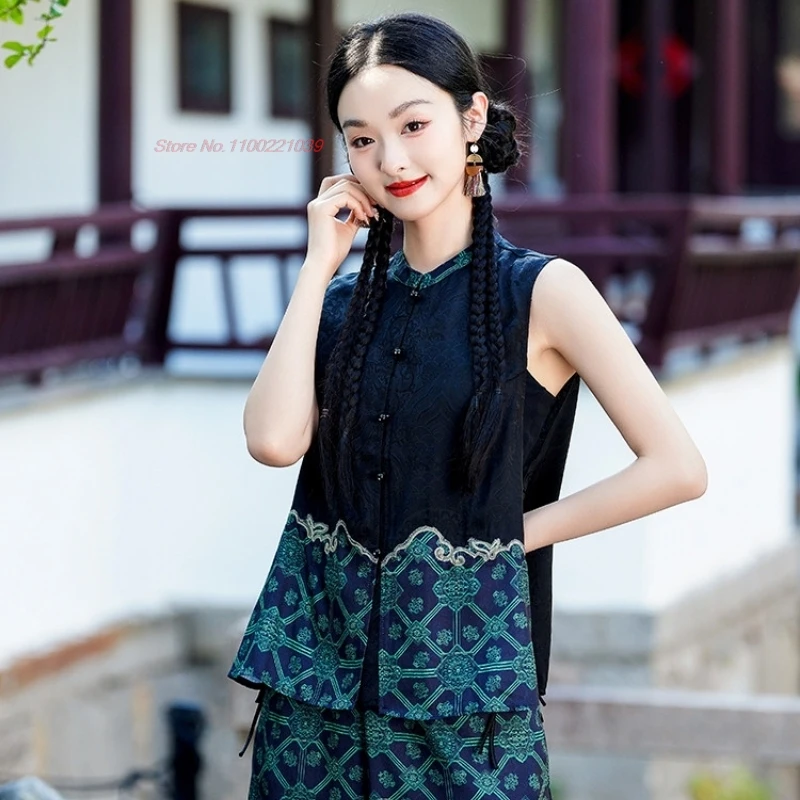 

Жилет в стиле пэчворк с национальным цветочным принтом 2026, воротник-стойка, жаккард из сатина, народный жилет, традиционный топ в стиле ханьфу, ретро-жакет без рукавов