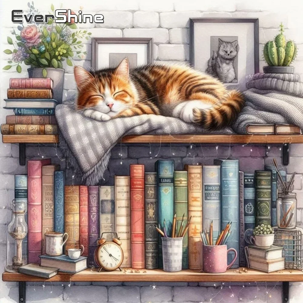 EverShine Diamant-Stickerei Katze Acryl-Bastelbedarf DIY Bücherregal Diamantmalerei Tier Kreuzstich Mosaik Heimdekoration