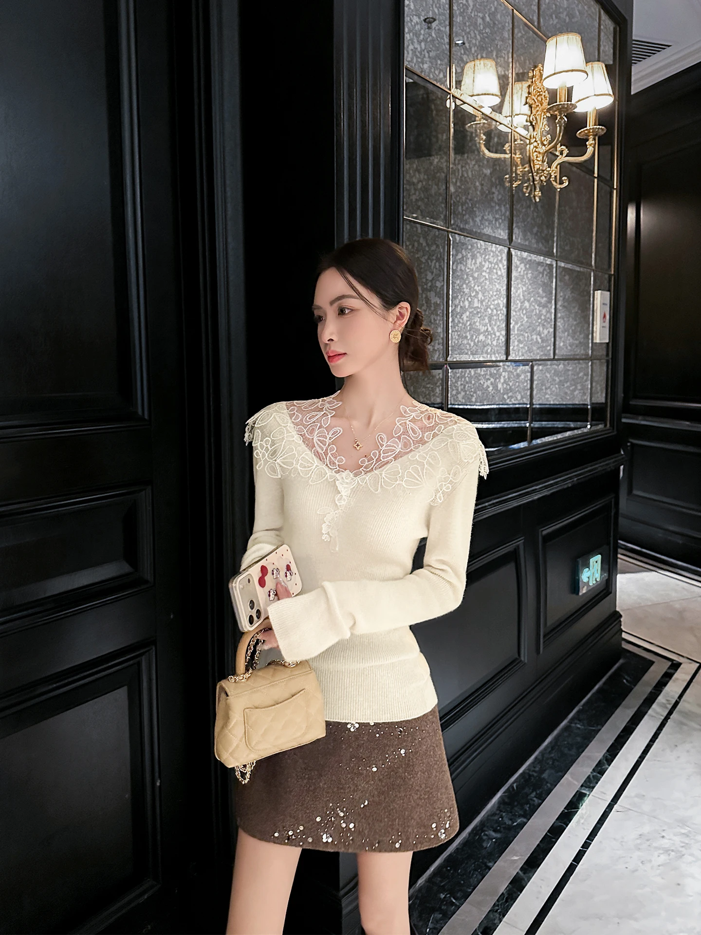 

Pure Wool Knitted Top Women's Slim Fit Lace Trim Beige Spring New Sle Soft Comfortable French Sle Long Sve V Ne Sweater