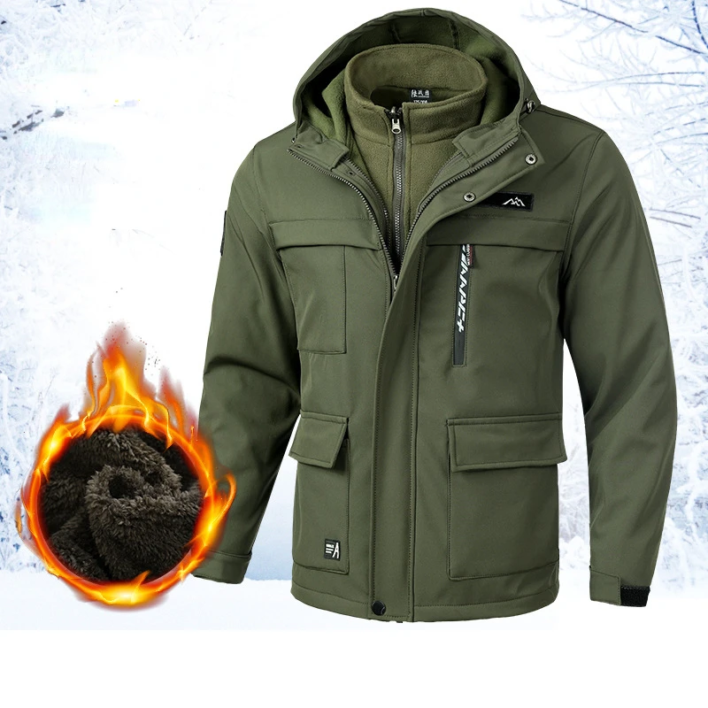 Men's Plush Thickened Assault Suit Waterproof Warm Detachable Inner Liner Soft Shell Jacket Cotton Comfortable Casual Loose Coat