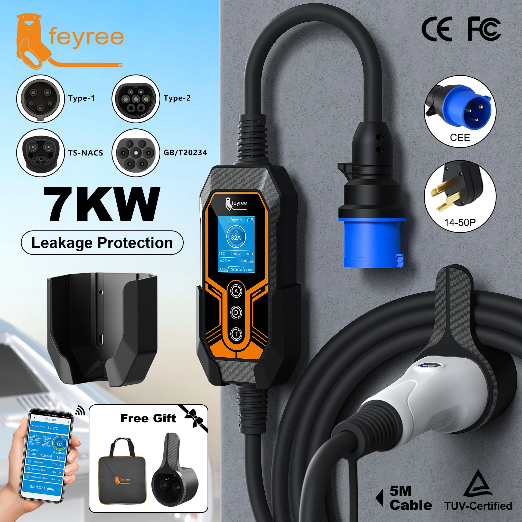feyree Type2 EV Charger 7KW Portable Charger with Wall Mount Car Charger for TS-NACS Type1 GB/T Plug EVSE Wallbox WIFI APP Ctrl