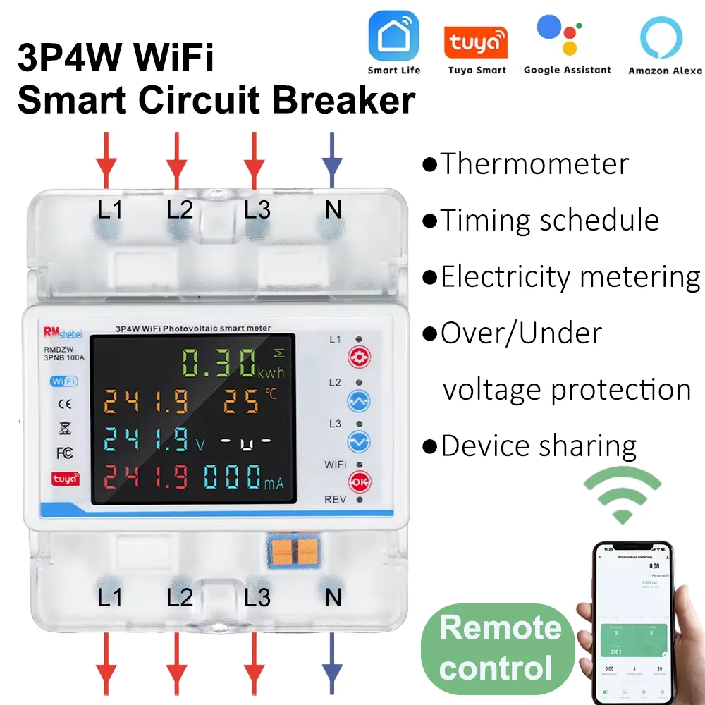 WiFi Smart Circuit Breaker Three Phase Reclosing Switch Protector Remote Control Over Under Voltage Protector Energy Meter 3P4W