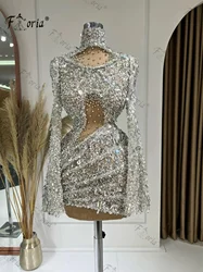 Sparkly Silver Beads Crystal Short Evening Dresses with Fringe Tassels Long Sleeve Heavy Stone Beading Prom Cocktail Party Dress