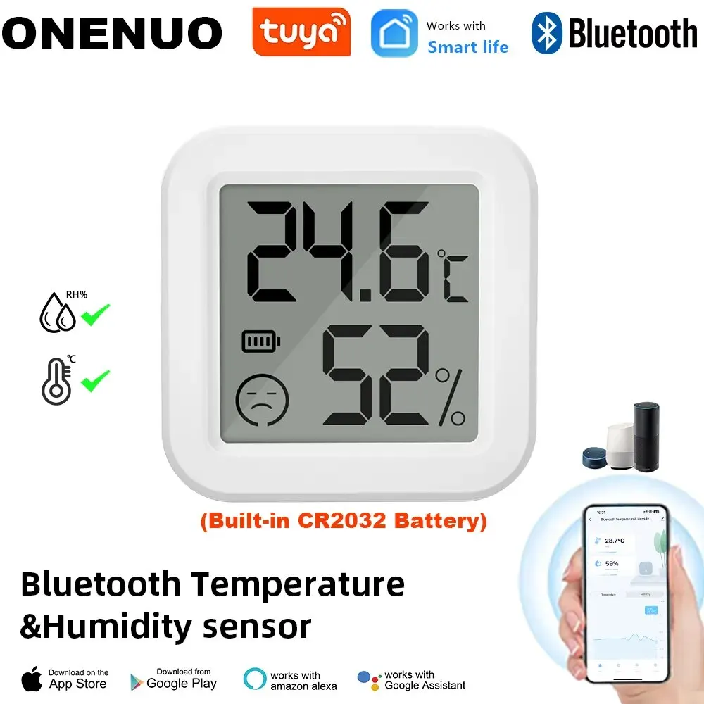 ONENUO Bluetooth Temperature Humidity Sensor Mini LCD Screen Smart Tuya APP Remote Voice Control Google Thermometer Hygrometer