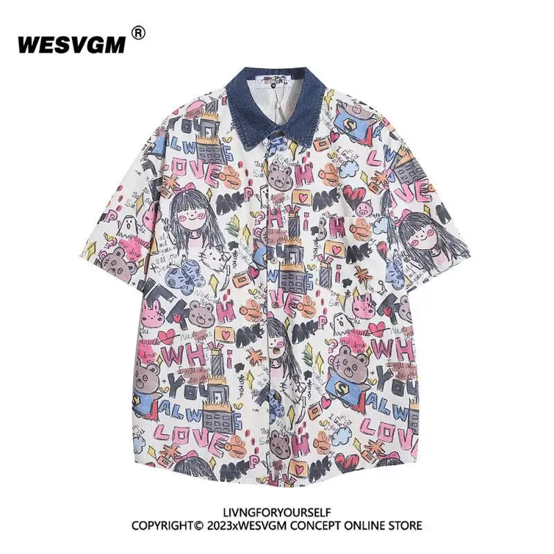 Large size American retro graffiti niche short-sleeved shirt women's summer cartoon age-reducing loose half-sleeved t shirts