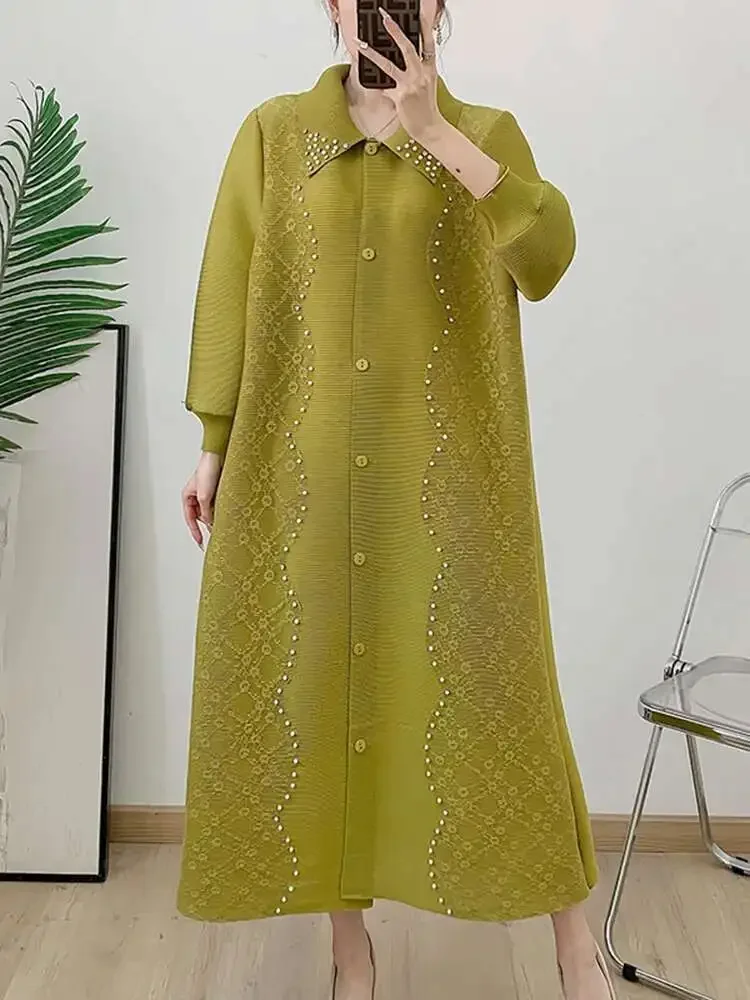 

Single Breasted Women's Dresses Fashion Pleated Beaded Long Women's Lapel Splicing Lace A-Line Evening Miyake 2025 Summer New