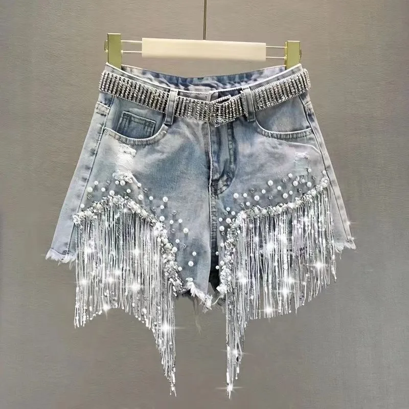 Denim Shorts Women's Summer Clothes High Waist Thin Heavy Industry Beaded Sequined Fringed Broken Copper Jeans Exquisite Simple