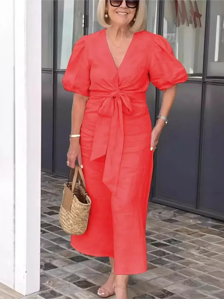 Fashion V Neck White Women Dress Spring Summer Elegant Casual Office Female Solid Lace Up Short Sleeve Dresses Robe Femme New