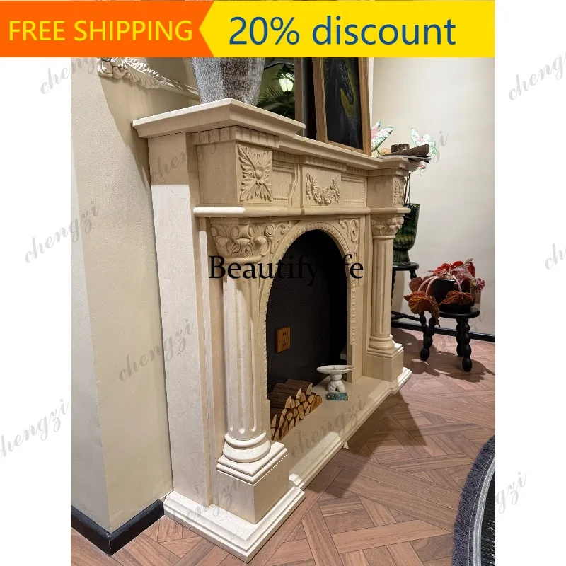 CC85 Marble fireplace European retro carved fireplace living room beige stone fireplace decoration