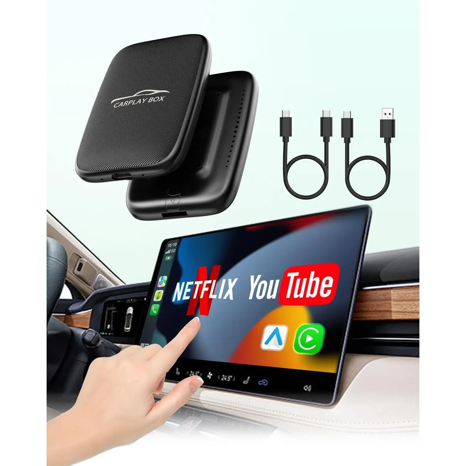 5-in-1 Wireless Android Auto & Carplay Adapter, Wireless CarPlay Adapter Support Netflix/YouTube/TF, USB-A/USB-C Cables, Convert Wired to Wireles Apple Dongle, Magic Video Box Car Play iPhone