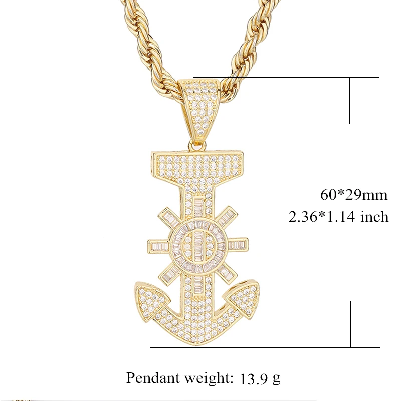 

Direct Sale Hip Hop 14k Gold Plated rudder anchor Moissanite copper Pendants necklace