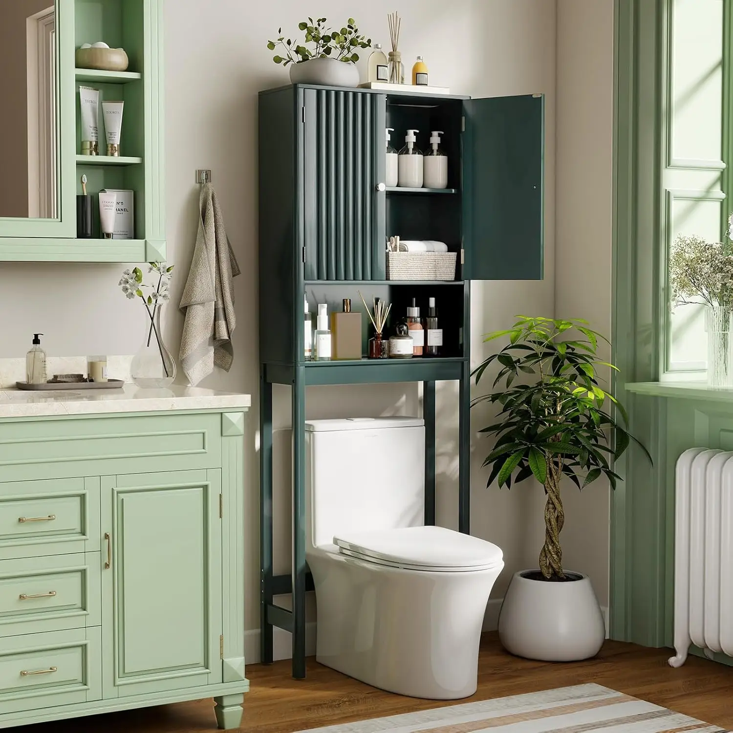 

Green Over Toilet Storage Cabinet Adjustable Shelf Bottom Bar Bathroom Laundry Customized