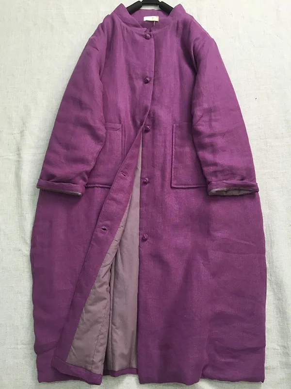 

Thickened Purple Linen Cotton Parka Women's Winter Style Button Pocket Long Sleeve Stand Collar Single-Breasted Coat