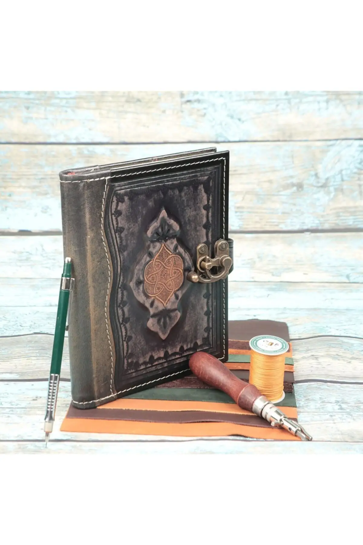 Uras Genuine Leather Bound Ottoman Figure Embroidered Daily-moment And Notepad Sketchbook Handmade Book