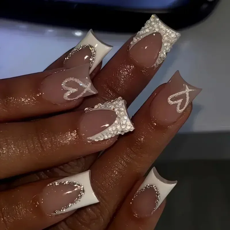 24 piezas de uñas postizas nude y blancas, cortas cuadradas, con pegamento, cubierta completa 6
