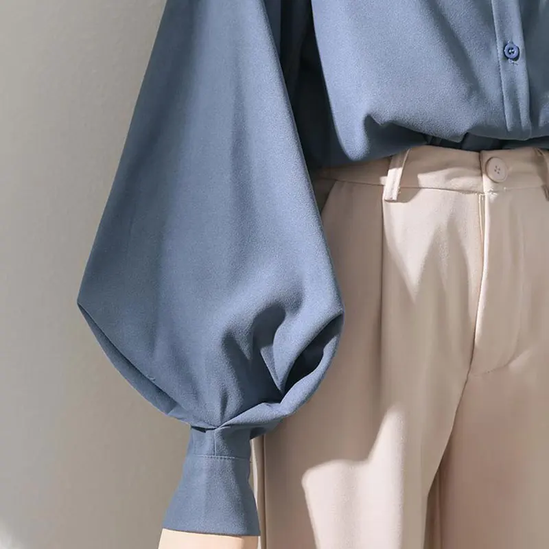 Blue Lantern Sleeve Stand Collar Office Lady Solid Casual monopetto camicetta da donna camicia abbigliamento femminile top Fashion 2024