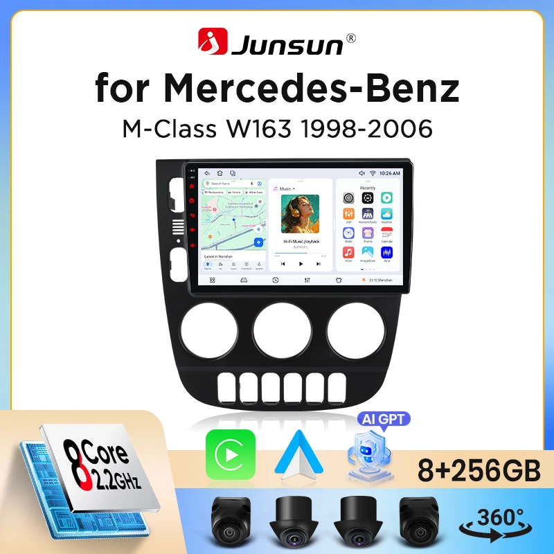Image of Junsun Wireless CarPlay Android Auto Autoradio für Mercedes-Benz M-Klasse (W163) 1997-2005 mit integriertem Lüfter, Android GPS-Navigation, Multimedia-Player, WiFi, DSP, RDS, BT, SWC, IPS-Touchscreen,
