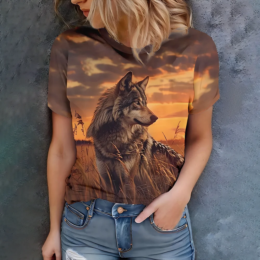 

Personalized, fashionable, wild, natural warm tones, wolf shadow print, daily casual women's summer short sleeved T-shirt